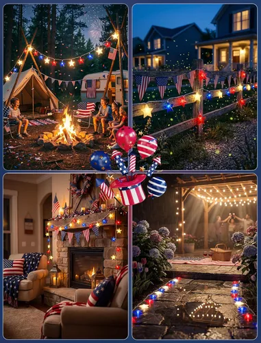 Vista 7 de Abeja Cadena de luces de estrellas de cinco puntas, 8.5 pies, luces de estrella roja, blanca y azul con 10 estrellas LED, luces patrióticas de hadas