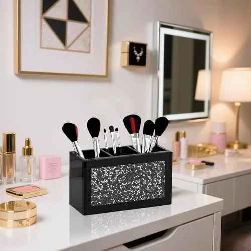 Vista 3 de SHYFOY Organizador Portacepillos de Maquillaje Negro, Organizador de Almacenamiento de Cepillos de Cosméticos de 3 Ranuras de Vidrio con Diamante