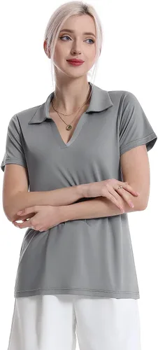 Vista 2 de Camisas polo con cuello en V para mujer, manga corta, cuello de golf Negro/Blanco/Gris
