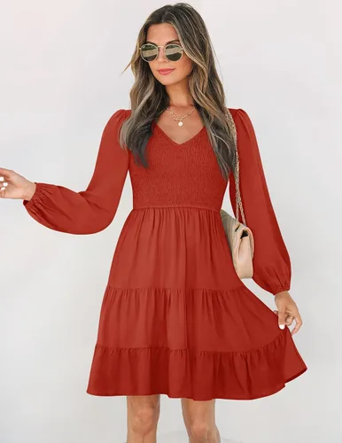 Vista 4 de ZESICA - Minivestido casual con cuello en V y manga larga para mujer, fruncido, de cintura alta y con volantes, vestido acampanado y escalonado
