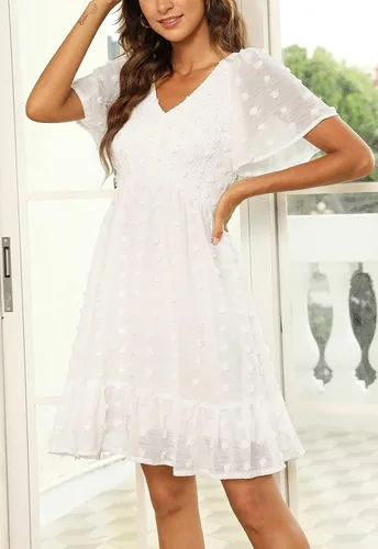 Vista 2 de Annebouti Vestido de verano 2024 para mujer, manga cortalarga, dobladillo con volantes, cuello en V y lunares suizos