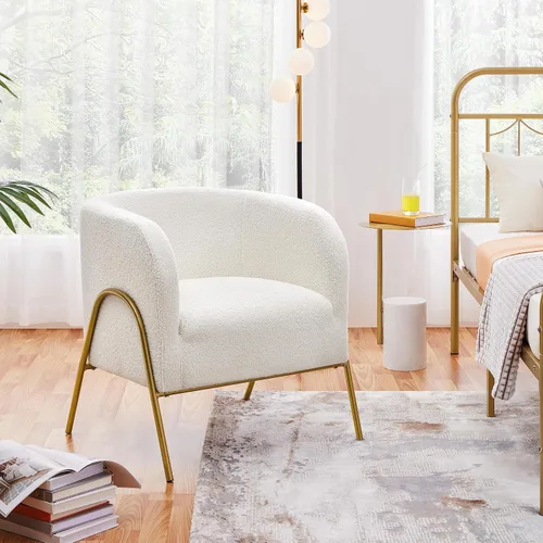 Vista 4 de Yaheetech - Silla decorativa moderna, con patas doradas, color marfil Boucle Fabric Vanity Chair, Cozy Fuzzy Armchair for Living Room Makeup Room