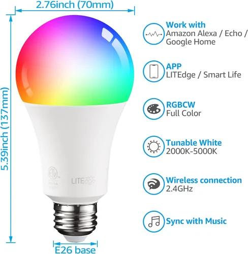 Vista 3 de TORCHSTAR Bombillas inteligentes A21, WiFi y Bluetooth, compatibles con Alexa, Echo y Google Home, bombilla LED inteligente RGBCW 2000K-5000K,