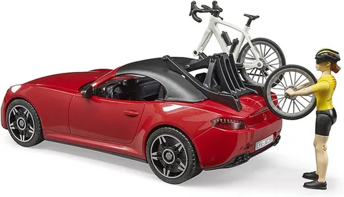 Vista 6 de Bruder Juguetes - Coche recreativo realista Roadster con soporte para bicicletas y bicicleta de carretera con figura de ciclista femenina, el techo
