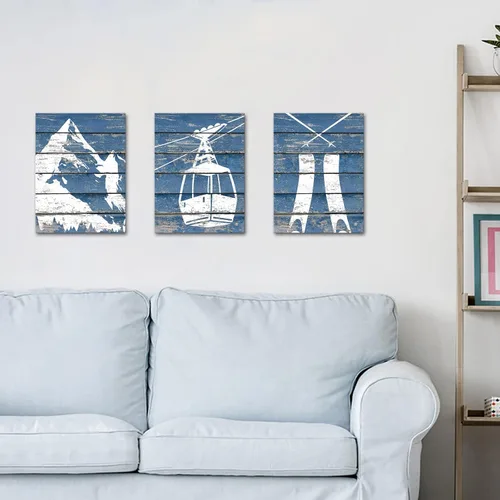 Vista 5 de Saypeacher 3 piezas de lienzo de esquí de nieve de estilo antiguo, arte de pared, montaña de nieve y snowboard sobre fondo de madera azul, pintura