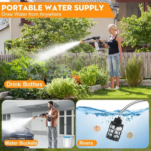 Vista 5 de Lavadora a presión inalámbrica, lavadora eléctrica inalámbrica portátil de 500 PSI, lavadora a presión a batería de 18000 mAh, pistola de lavado