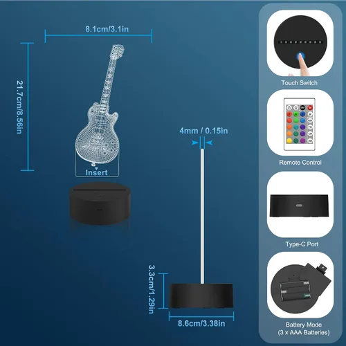 Vista 6 de Attivolife Lámpara de guitarra de regalo para guitarra eléctrica, luz nocturna 3D con control remoto + temporizador, lámpara de escritorio que