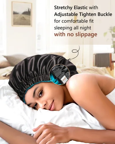 Vista 6 de mikimini Gorro de satén para hombres y mujeres, gorro de dormir reversible de doble capa para trenzas de cabello con banda elástica ajustable