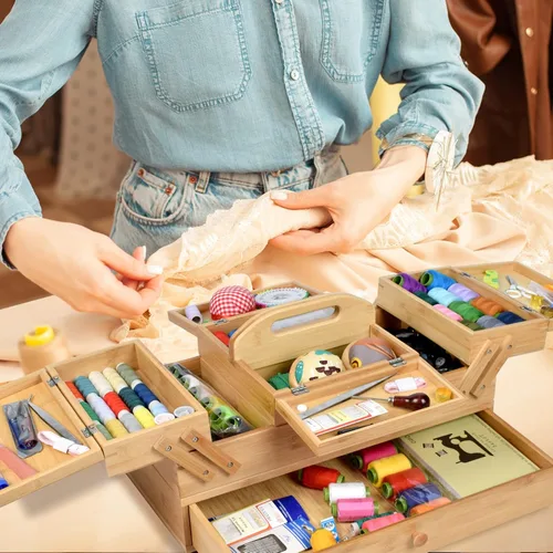 Vista 6 de Caja Organizadora de Costura de Madera para Suministros de Costura, Caja de Almacenamiento para Pasatiempos de Costura y Manualidades, 3 Niveles