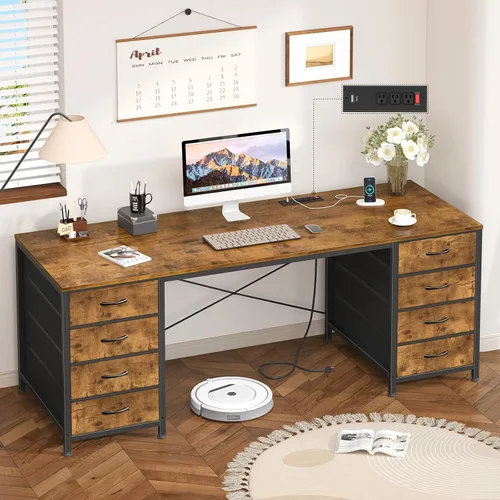 Vista 11 de YOMILUVE Escritorio para computadora de 50 pulgadas con 8 cajones, escritorio para oficina en casa con tomas de corriente, escritorio de trabajo