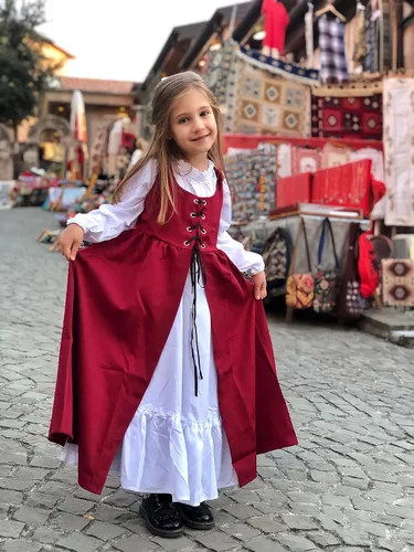 Vista 3 de Vestido renacentista para niñas, disfraz de princesa medieval, conjunto de dos piezas, 6-14 años