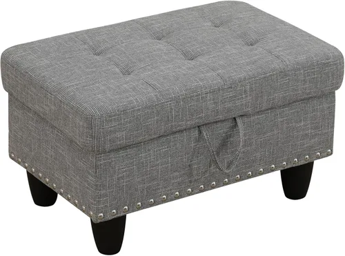 Vista 11 de Banco otomano de almacenamiento, taburete rectangular de lino de 28.5 pulgadas con ribete de cabeza de clavo, otomana tapizada para sala de estar