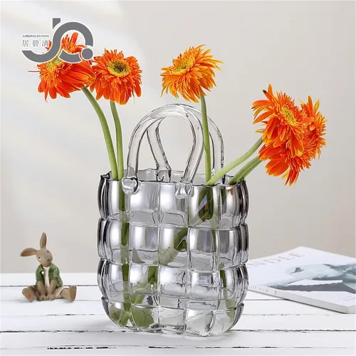 Vista 6 de Elegante jarrón de cristal para arreglos florales, diseño de bolso de boca ancha que mejora las bodas de granja, centros de mesa del hogar, Azul