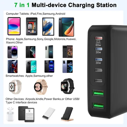 Vista 5 de Cargador USB C, estación de carga rápida USB C de 200 W y 7 puertos, cargador de laptop de 65 W compatible con MacBook Pro/Air, iPad, iPhone