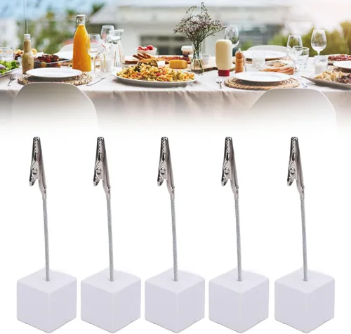 Vista 7 de 10 soportes para tarjetas de número de mesa, base de cubo, soporte de clip de notas de madera, clip de cocodrilo con soporte para fotos
