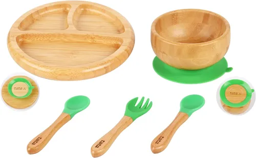 Vista 9 de Plato de succión y cuenco de bambú con tenedor y 2 cucharas Plato de alimentación de madera dividido para niños pequeños Juego de utensilios