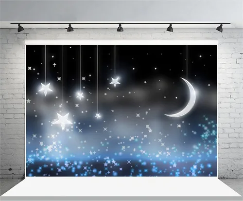 Vista 2 de Yeele Colgante de 5 x 3 pies con diseño de estrellas de luna brillante, fondo de fotografía de vinilo nocturno centelleante cielo estrellado