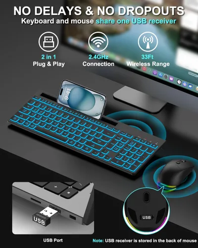 Vista 5 de Combo de teclado y mouse inalámbricos, 7 efectos retroiluminados, letras iluminadas, recargable, soporte para teléfono, mouse de 6 botones, ángulo