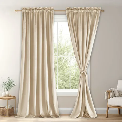 Vista 50 de JIUZHEN Cortinas de terciopelo beige de 63 pulgadas de ancho x 63 pulgadas de largo, cortinas de terciopelo retro suaves con bolsillo para barra