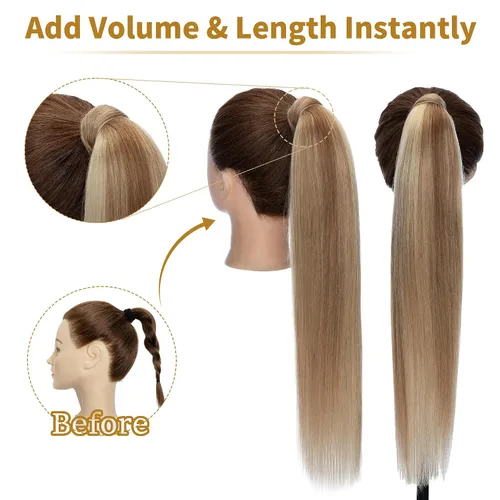 Vista 4 de SEGO - Extensiones de cabello humano, largo y liso, 100 % cabello Remy real, para mujeres, para usar en cola de caballo