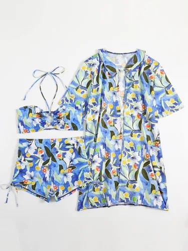 Vista 3 de Romwe Traje de baño de 3 piezas para mujer con estampado floral halter bikini conjunto con kimono