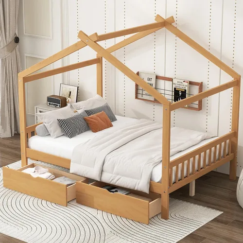 Vista 3 de Merax Cama de plataforma de tamaño matrimonial con dos cajones, marco de cama de madera con diseño de techo con cabecera y estribo, no necesita