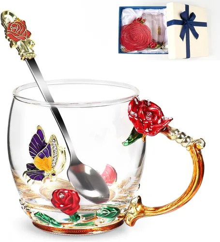 Vista 17 de Taza de té con flores, taza de café de vidrio con mariposa y margarita, con cuchara, caja de regalo para su mamá, esposa, abuela, niñas, amigas