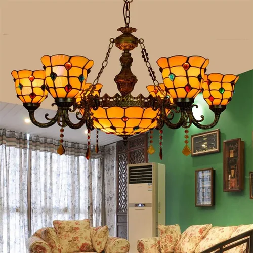 Vista 2 de Tiffany - Lámpara de techo con cuentas de cristal, múltiples cabezales, color amarillo mediterráneo, para comedor, sala de estar, villa, pasillo, 6