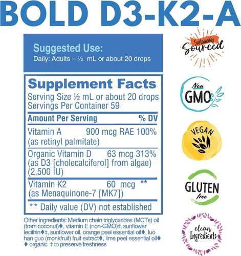 Vista 4 de D3 K2 A gotas de vitamina líquida, vegano, apoyo óseo e inmunológico, 60