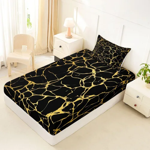 Vista 2 de Erosebridal Sábana bajera ajustable de mármol metálico dorado, tamaño individual, sábanas de cama con purpurina dorada negra, diseño de textura