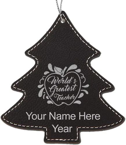 Vista 5 de LaserGram Personalized Christmas Ornament, World's Greatest Teacher, Faux Leather, Custom Laser Engraved Gift Idea (Tree Shape, Black)