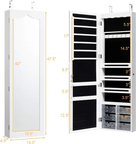 Vista 7 de CHARMAID Armario de joyería de 5 luces LED montado en la pared o en la puerta armario de joyería con cerradura con espejo de longitud completa y 6