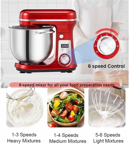 Vista 5 de Batidora de pie con cabezal inclinable de 6 L, batidora de pie de cocina con batidor, gancho para masa y batidor de alambre, ajustable de 6 Gris