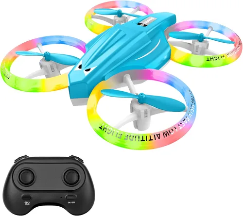 Vista 8 de Dron para niños y principiantes con luz LED, pequeño dron de interior con luces RC, voltereta de 360, 2 baterías, juguete volador para niños, regalo