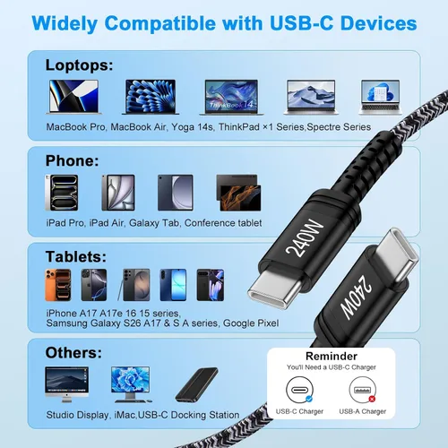 Vista 6 de Cable de carga USB C súper rápido para Samsung S26 de 240 W, cable de carga tipo C a tipo C, cable de 6 pies, paquete de 2 para Samsung Galaxy S26