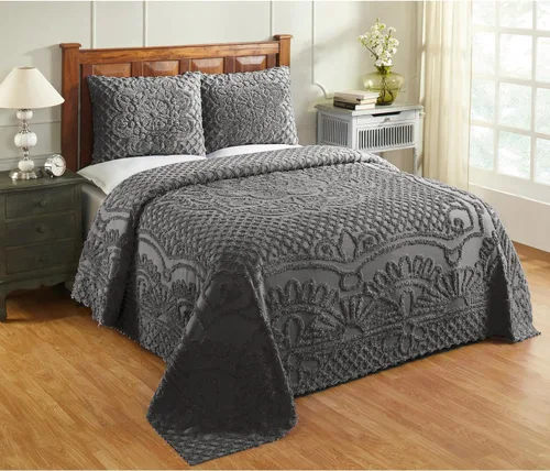 Vista 8 de Better Trends - Colchas de chenilla tamaño individual, gris carbón 100% algodón chenilla con diseño de medallón acolchado, cubierta de cama suave