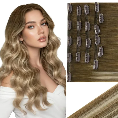 Vista 48 de Ve Sunny Extensiones de cabello clip-in de cabello humano real con reflejos, extensiones de cabello con clip para cabello corto, marrón oscuro