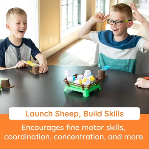 Vista 6 de Fat Brain Toys Heap-O-Sheep - Juego de mesa familiar para niños y adultos, juego de catapultar ovejas, 6 a adultos, 2 a 4 jugadores