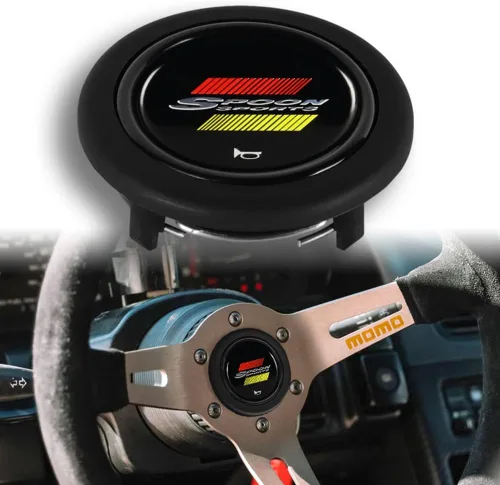 Vista 11 de Q1-TECH, botón redondo JDM universal para volantes aftermarket de 6 pernos con abertura de dos pulgadas 2" para botón de bocina (AUD-BK)