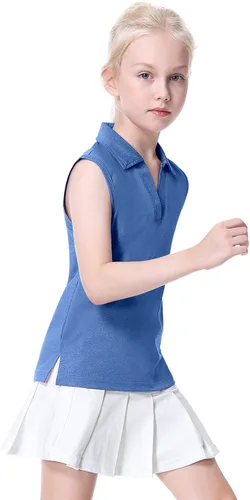 Vista 2 de EXARUS Camisetas polo de golf para niñas, sin mangas, cuello en V, tenis, atléticas, para ejercicio escolar de 5 a 12 años