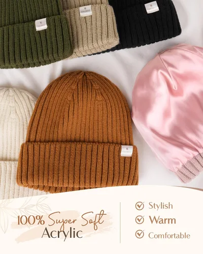 Vista 6 de YANIBEST Sombreros de invierno para mujer, gorro con forro de satén para clima frío, gorro para mujeres y hombres, sombreros de punto cálidos