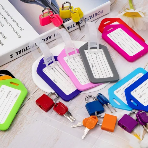 Vista 6 de Paquete de 10 candados para equipaje con llave + paquete de 10 etiquetas de viaje, etiquetas de equipaje para maletas, bolsas, etiquetas de nombre