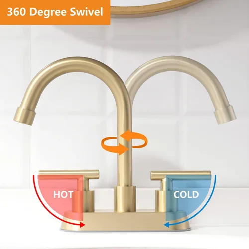 Vista 4 de llave de baño, grifo de fregadero de 2 manijas dorado, grifos de baño dorados, llave de fregadero central de 4 pulgadas con drenaje emergente