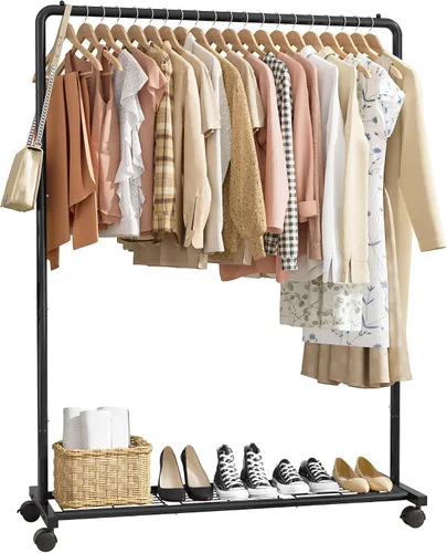 Vista 6 de Sakugi Perchero de Ropa - Perchero de ropa con estante de malla de almacenamiento y ruedas, perchero de metal resistente para colgar ropa, vestidos
