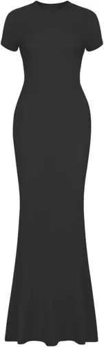 Vista 5 de REORIA - Vestido largo básico de verano para mujer, elegante, de manga corta, cuello redondo, ajustado, maxi vestidos