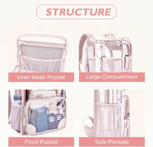 Vista 4 de mommore Mochila transparente de PVC grueso resistente con ribete de cuero de gran capacidad transparente, Rosado
