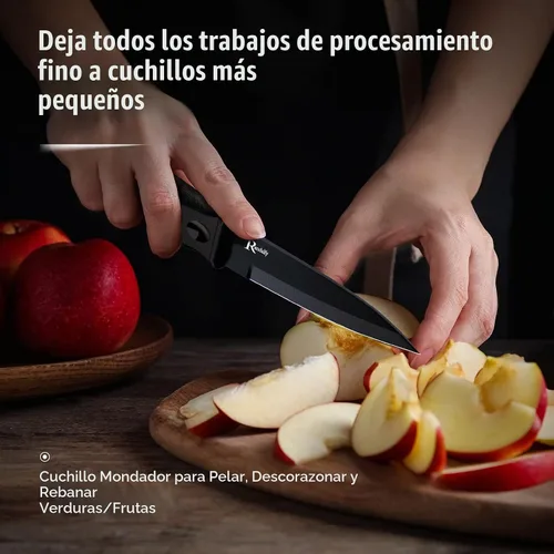 Vista 7 de Juego de cuchillos de cocina con bloque, 7 cuchillos de chef, tijeras, para picar carne/verduras/frutas, rebanar, cortar en cubitos y cortar