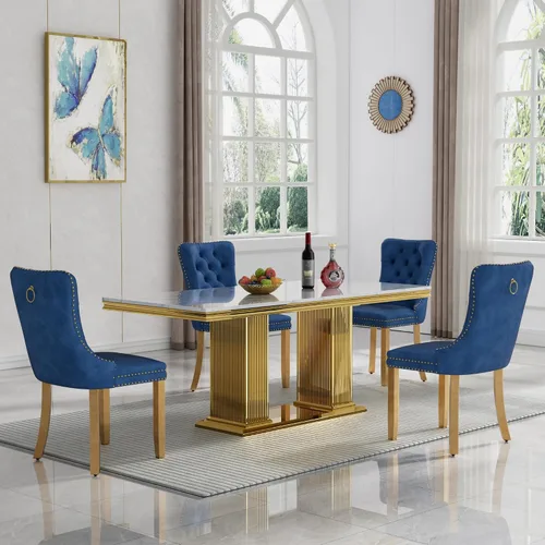 Vista 26 de Juego de mesa de comedor de mármol para 4, mesa de cocina rectangular de mármol negro de 68 pulgadas con base en H de acero inoxidable dorado, juego