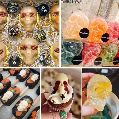 Vista 7 de Sidosir 4 moldes de chocolate con calavera de gomita, moldes de caramelo de calavera de gomita, moldes de silicona antiadherentes con 2 cuentagotas
