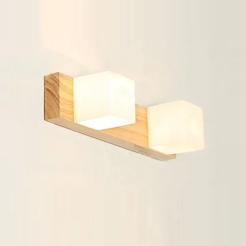 Vista 3 de Espejo de madera con cabeza giratoria frontal, aplique de pared con base de madera, cubo de vidrio blanco, pantalla de baño, lámpara de pared